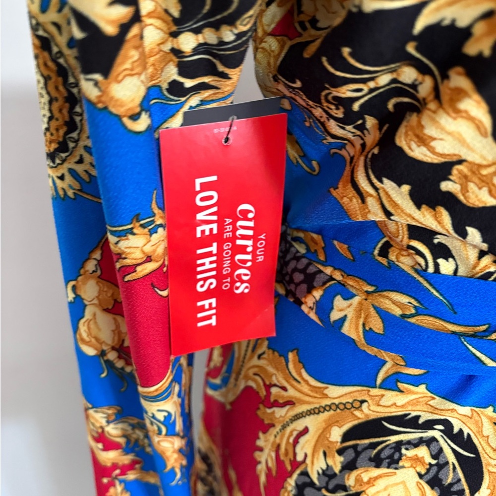 BOLD ELEMENTS, Versace-style Long-Sleeve Wrap Dress in Black, Blue & Red, Size M - Picture 3 of 3